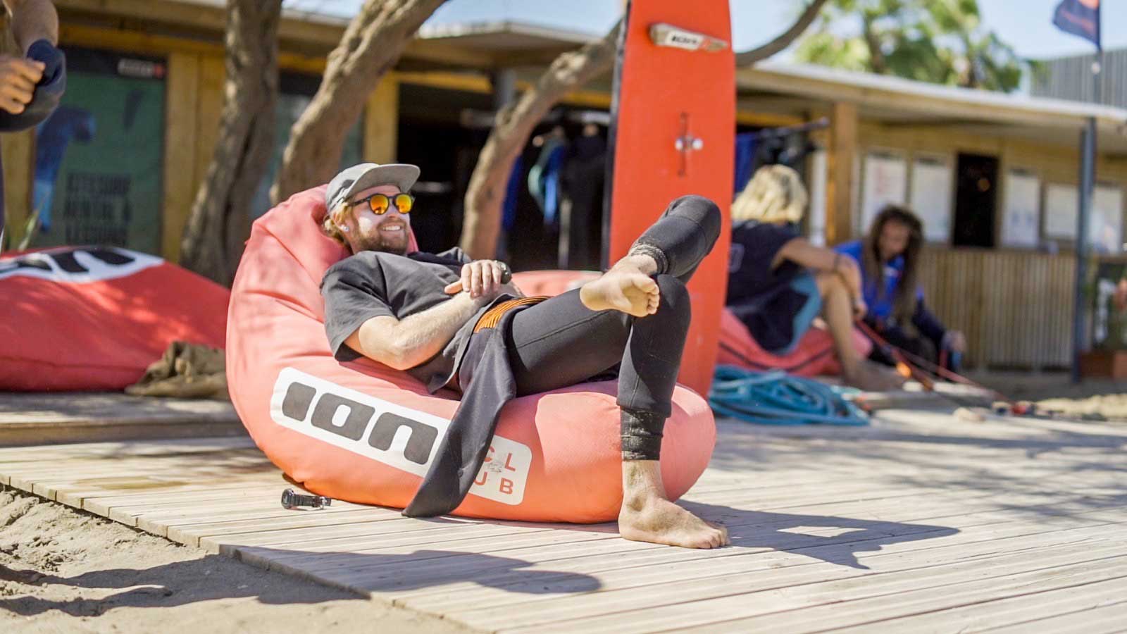 the ION CLUB Golf de Roseslocation at the finest kitesurfing and windsurfing spot along the Costa Brava, here an instructor is chilling after a nice kitesurfing session