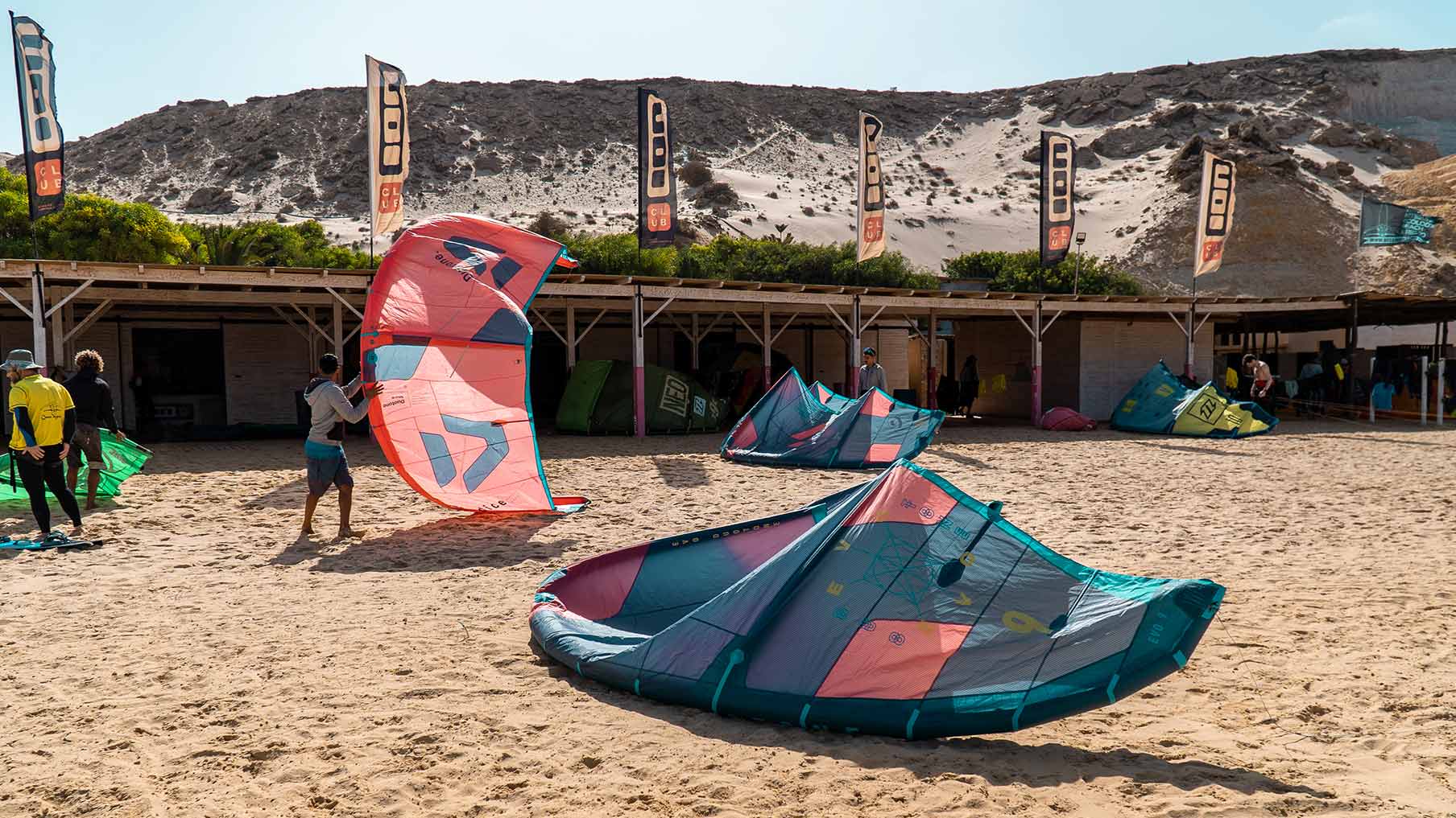 In front of the Ion Club Dakhla Lagoon Center with some kites on the sand