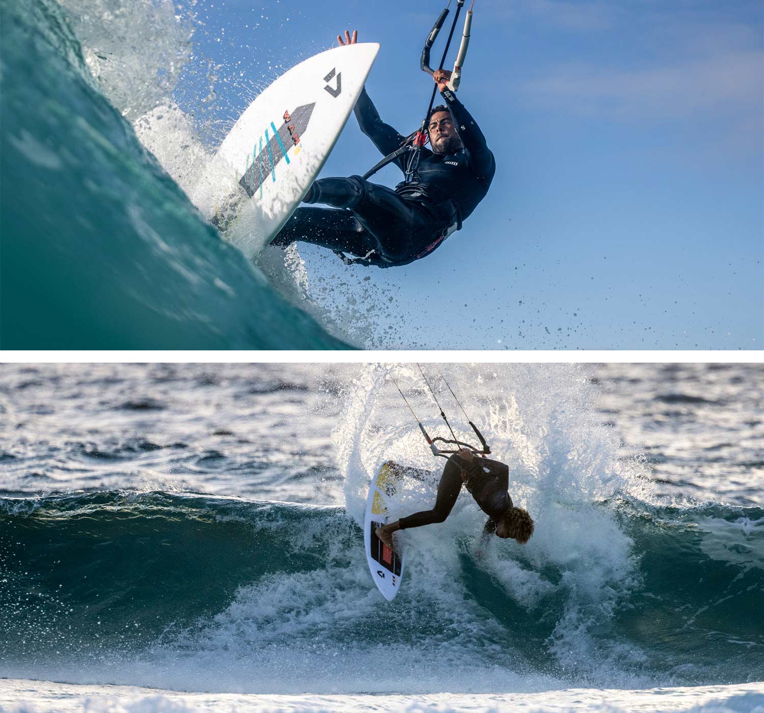 Des kitesurfers pro riders surfent de grosses vagues en tant que professionnels du kitesurf.