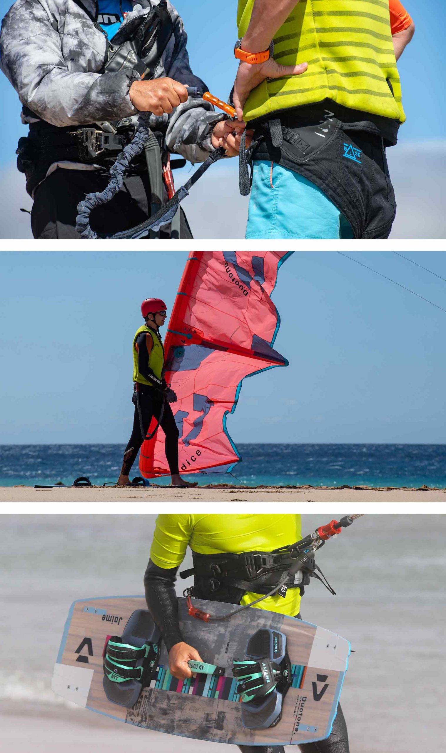 Kitesurfing-course-2022-all-equipment An instructor teaching how to attach the leash to the kitesurfing harness, a kitesurfing course student holding a kite and an instructor holding a kitesurfing board in order to get into the water to ride.