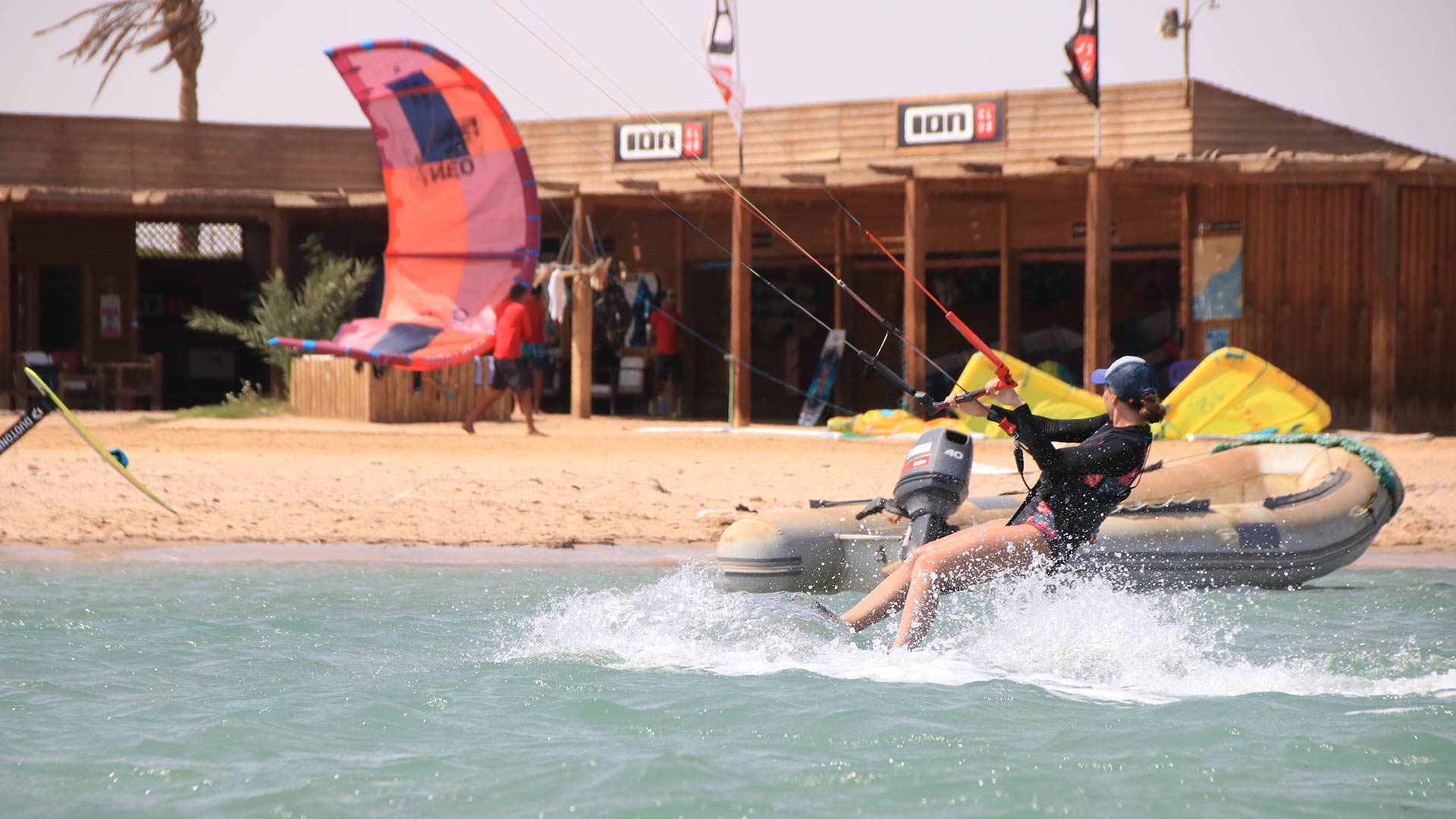 kitesurfer is arriving in front to the Ion Club Safaga Center doing kitesurfing