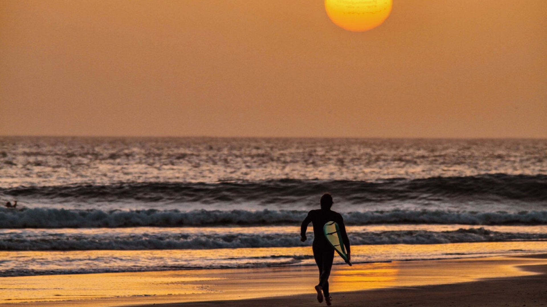 During the sunset a surfer runs holding his board on the beach where there is a lot of swell.