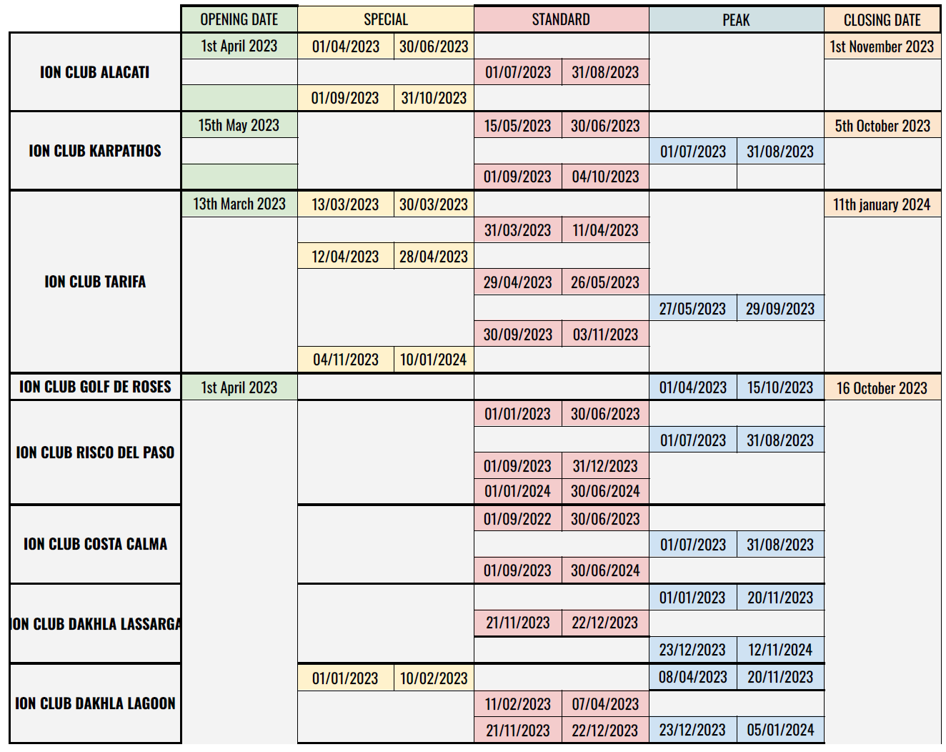 season calendar ION CLUB