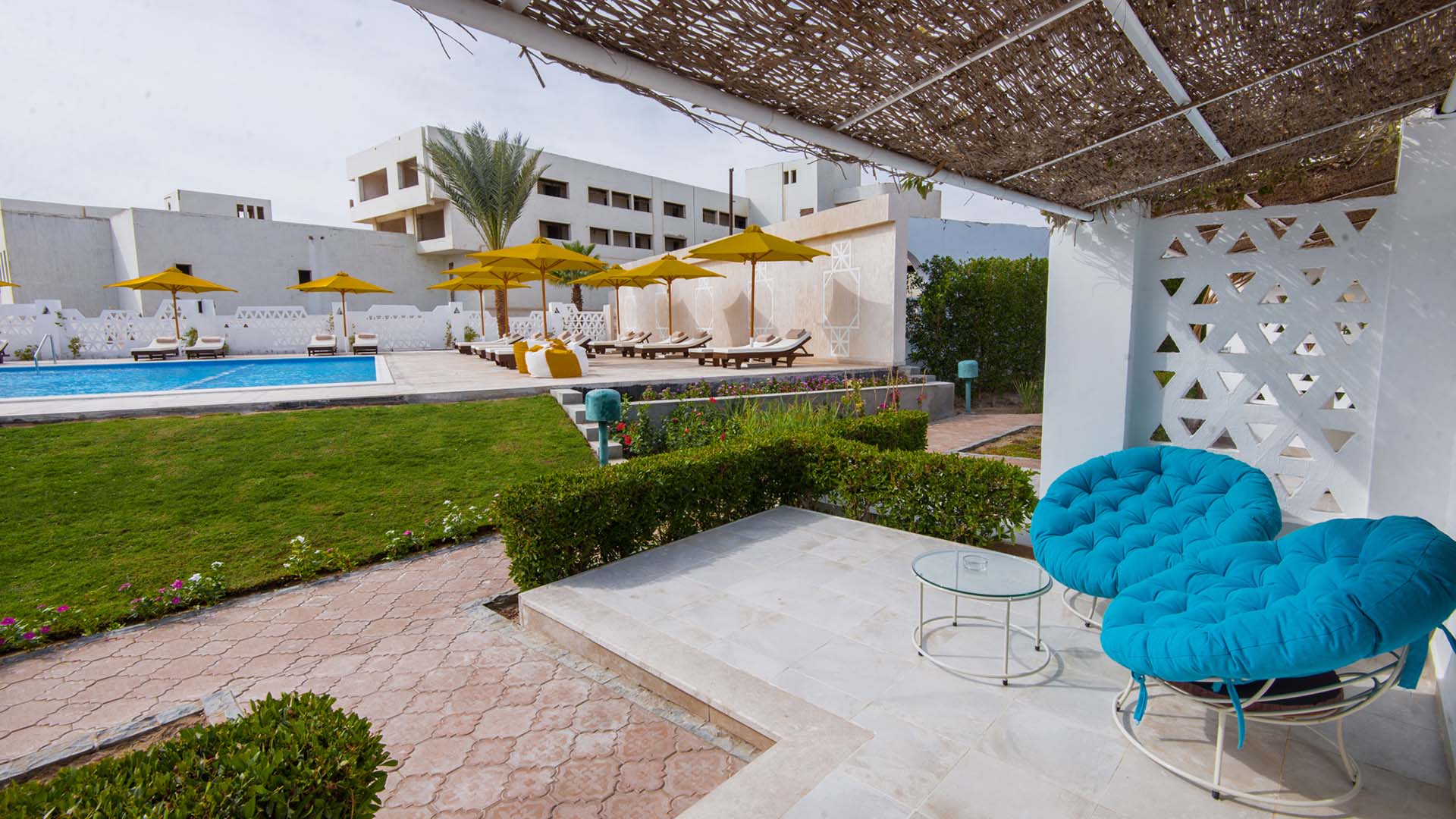 terrace with a view on a swimming pool 