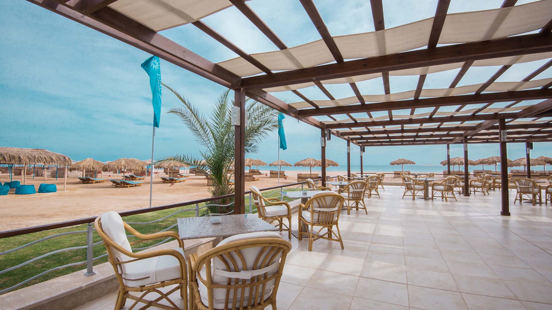 terrace of shams lodge in front of the red sea