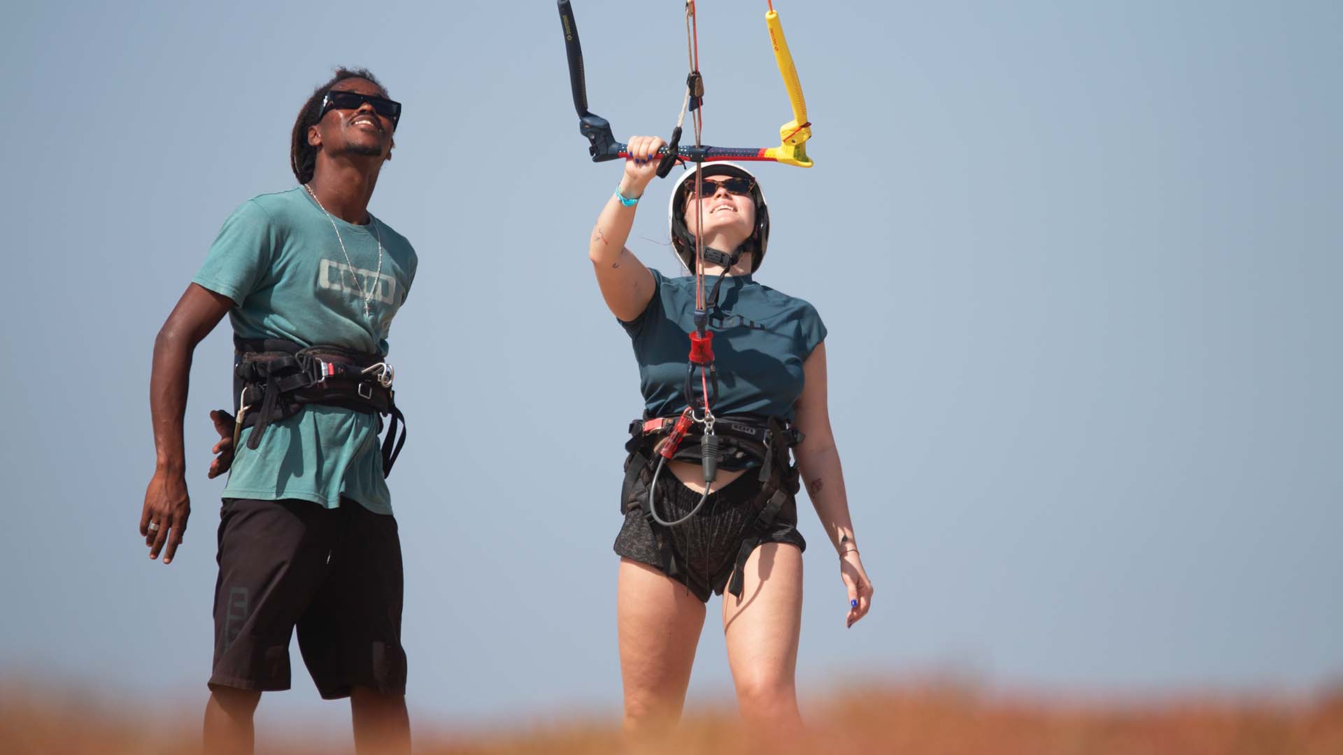 equipment of kitesurf on the beach with harness, strapless